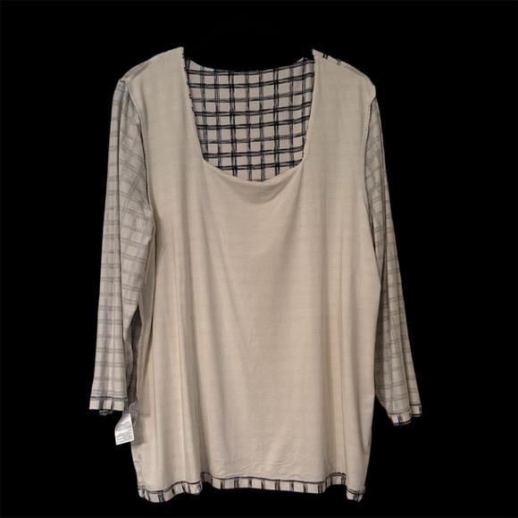 Chicos Size 3 Black & Cream Grid Pattern Square-Neck Lined Shirt, 3/4 Sleeve NWT - Picture 3 of 15